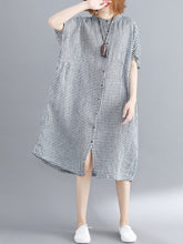Artistic Retro Loose Split-Joint Plaid Buttoned Stand Collar Half Sleeves Midi Dress